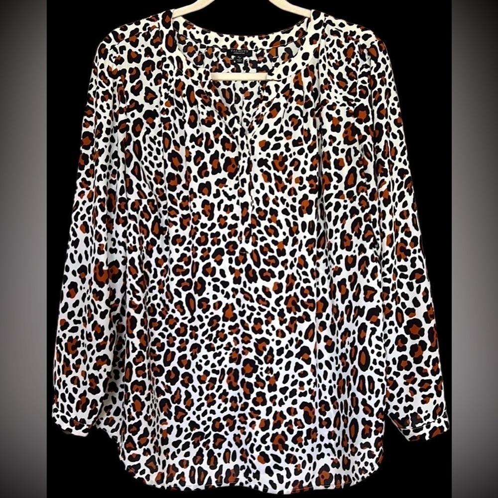 TALBOTS Black/Rust/Cream Animal Print Collarless Partial Button Blouse,1X Petite